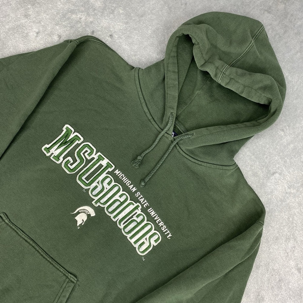 Vtg Michigan State Sweatshirt Mens Small Green Hoodie Spellout MSU Logo‎ *READ*
